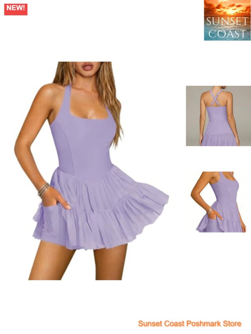 Women's Athletic Tennis Dress with Shorts & Pockets Flowy Ruffle Backless Mini